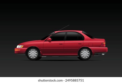 Realistic 90's era popular Japanese compact sedan in U.S. domestic specs with sunfire red color on dark background illustration vector.