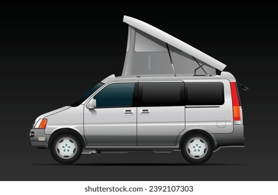 Realistic 90's era silver Japanese specification minivan with 90's automotive technologies and built in roof popup tent in dark gradient background illustration vector. svg