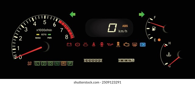 O realista 90s motor a gasolina de transmissão automática carro analógico especificações japonesas quilômetro unidade painel de instrumento com velocímetro digital e indicador de modo de acionamento vetor ilustração.