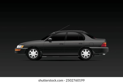 Realistic 90s Japanese car in black color US specification on dark gradient background illustration vector.