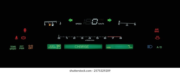 Realistic 90s Japanese car digital gauge cluster in V8 gasoline engine and electronically control auto gearbox with dot-matrix multi information display with air suspension illustration vector.