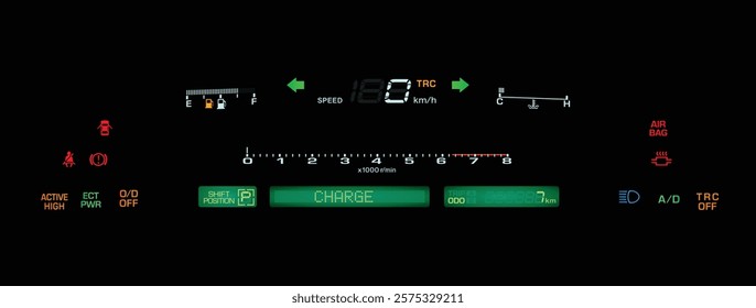 Realistic 90s Japanese car digital gauge cluster in V8 gasoline engine and electronically control auto gearbox with dot-matrix multi information display with active suspension illustration vector.