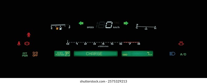 Realistic 90s Japanese car digital gauge cluster in V8 gasoline engine and electronically control auto gearbox with dot-matrix multi information display illustration vector.