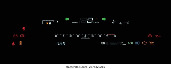 Realistic 90s Japanese car digital gauge cluster in twin turbo gasoline engine and manual transmission without dot-matrix multi information display illustration vector.