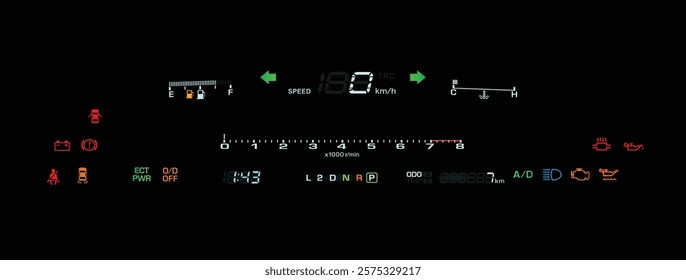 Realistic 90s Japanese car digital gauge cluster in twin turbo gasoline engine and electronically controlled automatic transmission without dot-matrix multi information display illustration vector.