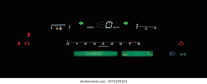 Realistic 90s Japanese car digital gauge cluster in twin turbo gasoline engine and manual transmission with dot-matrix multi information display and electric piezo damper illustration vector.