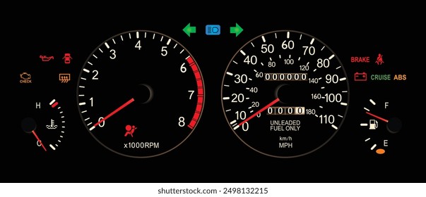 Realistic 90s Japanese car instrument panel in U.S. specs with white scales with 5 speed manual transmission included low fuel level warning light and tachometer illustration vector.