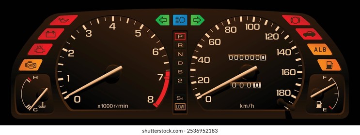 Realistic 90s Japanese compact sedan instrument panel with fuel injected gasoline engine and 4 wheel drive automatic transmission included low fuel and antilock brake system warning light vector.