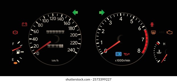 Realistic 90s Japanese compact sedan Thai specs in kph measurement gauge cluster with gasoline engine and manual gearbox included low fuel level warning light illustration vector.