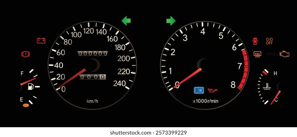 Realistic 90s Japanese compact sedan Thai specs in kph measurement gauge cluster with gasoline engine and 4 speed automatic gearbox included low fuel level warning light illustration vector.