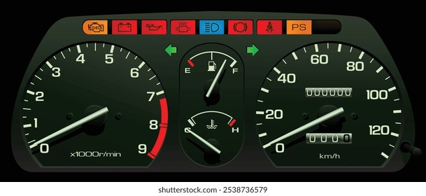 Realistische 90er Jahre japanischen Kei Auto Tachometer in programmierten Kraftstoff Einspritzmotor und manuelle Getriebe enthalten elektronische Servolenkung Warnlicht Illustrationsvektor.