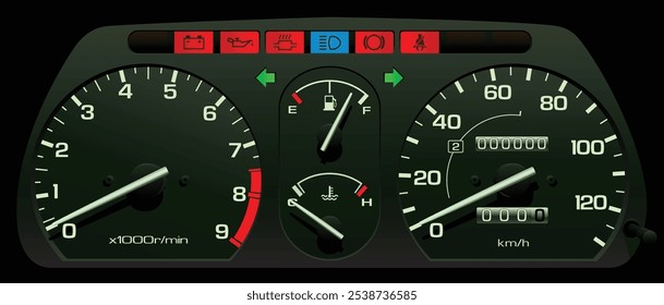 Realistische 90er Jahre japanischen Kei Auto Tachometer in Vergaser-Motor und 3-Gang-Automatikgetriebe enthalten Schaltpunkt Indikator Skala Illustrationsvektor.