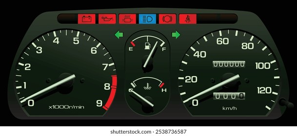 Realistische 90er Jahre japanische Kei Auto Tachometer in Vergaser Motor und manuelle Getriebe Illustrationsvektor.