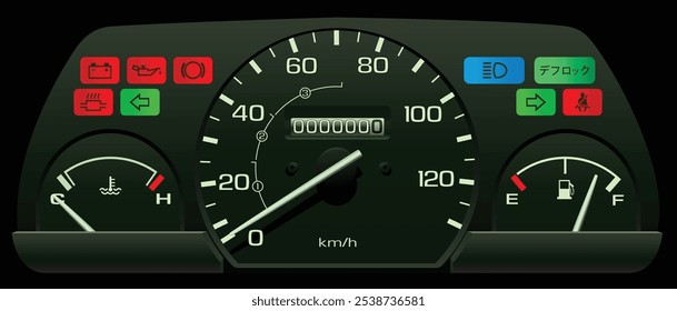 Realistische 90er Jahre japanischen Kei Tachometer ohne Tachometer in Vergaser Motor Spezifikationen und manuelle Getriebe enthalten Schaltpunkt Indikator und Differenzialsperre Licht Illustrationsvektor.