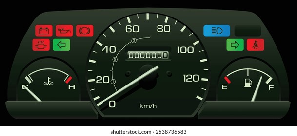 Realistische 90er Jahre japanischen Kei Tachometer ohne Tachometer in Vergaser Motor Spezifikationen und manuelle Getriebe enthalten Schaltpunkt Indikator Illustrationsvektor.