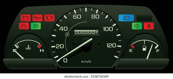 Realistische 90er Jahre japanischen Kei Tachometer ohne Tachometer in Vergaser Motor Spezifikationen und 3-Gang-Automatikgetriebe enthalten Schaltpunkt Indikator und Illustration Vektor.