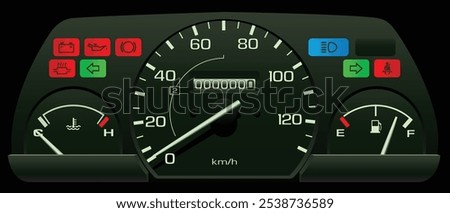 Realistic 90s Japanese Kei truck speedometer without tachometer in carburetor engine specs and 3 speed automatic gearbox included gear shifting point indicator and illustration vector.