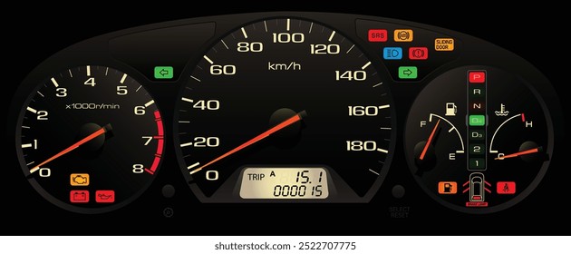 Realista años 90 japonés Grande MPV gauge cluster en Especificaciones japonesas con motor de gasolina y 4 velocidades de transmisión automática de iluminación con bombilla normal Vector de ilustración.