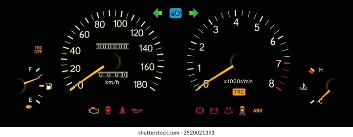 Realista 90s japonês luxo médio tamanho sedan com motor turbo e manual gearbox noite iluminação calibre cluster incluem sistema de controle de tração ilustração vetor.