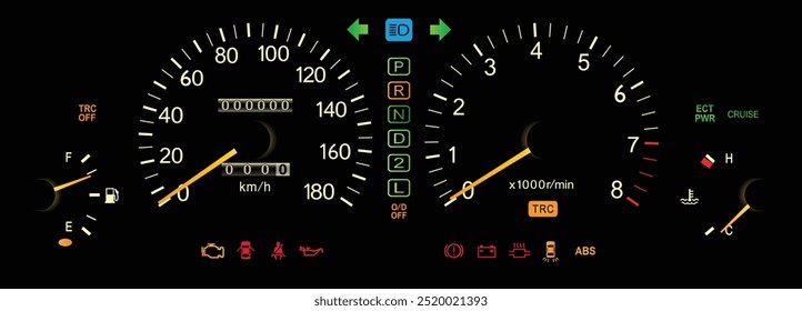 Realistic 90s Japanese Luxury sedán de tamaño mediano con motor turbo y caja de cambios adaptable auto grupo de indicadores de iluminación nocturna incluyen control de tracción y Vector de ilustración del sistema de control de crucero.