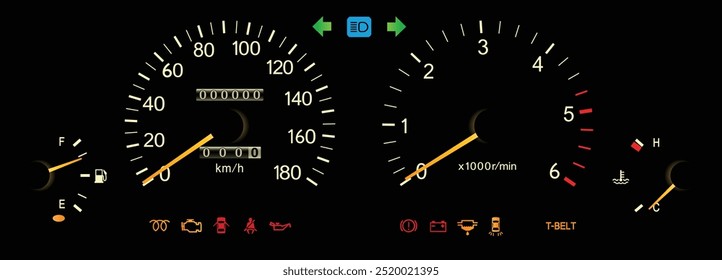 Sedán japonés de lujo de tamaño medio realista de los años 90 con motor turbo diesel y Vector de ilustración de grupo de indicadores de iluminación nocturna de caja de cambios manual.