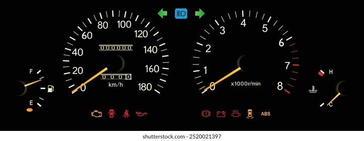 Realista 90s japonês luxo sedan tamanho médio com motor a gasolina de 4 cilindros e manual caixa de engrenagens noite de iluminação calibre cluster incluem antibloqueio sistema de travagem ilustração vetor.