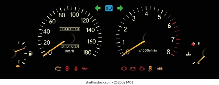 Realista 90s japonês luxo sedan tamanho médio com motor a gasolina de 6 cilindros e manual caixa de engrenagens noite de iluminação calibre cluster incluem antibloqueio sistema de travagem ilustração vetor.