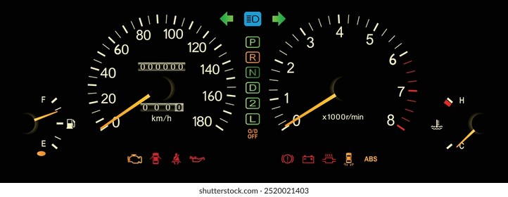 Realista 90s japonês luxo sedan de tamanho médio com motor a gasolina de 4 cilindros e caixa de engrenagens automática noite de iluminação calibre cluster incluem antibloqueio sistema de travagem ilustração vetor.