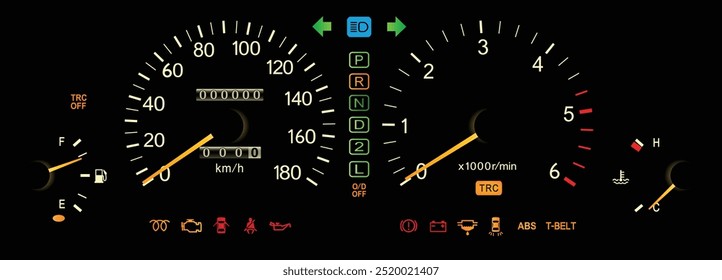 Realista 90s japonês luxo médio tamanho sedan com motor a diesel turbo e caixa de velocidades automática noite iluminação calibre cluster incluído tração control ilustração vetor.