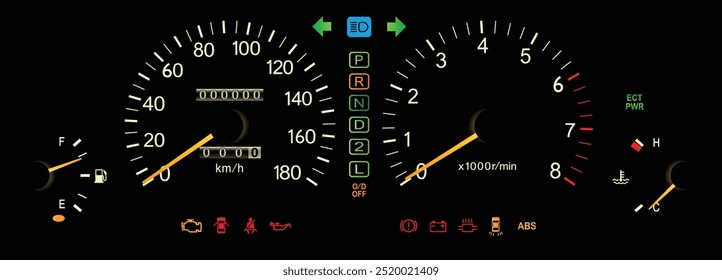 Realista 90s japonês luxo médio tamanho sedan com motor a gasolina de 6 cilindros e auto adaptativo caixa de engrenagens noite de iluminação calibre cluster incluem antibloqueio sistema de travagem ilustração vetor.