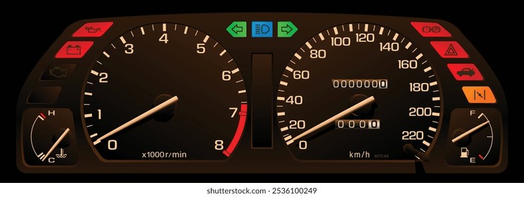 Realista 90s Japonês especificações painel de instrumentos sedan compacto em especificações europeias com carburador motor a gasolina na caixa de engrenagens manual incluído indicador de segurança e escala completa mostradores ilustração vetor.