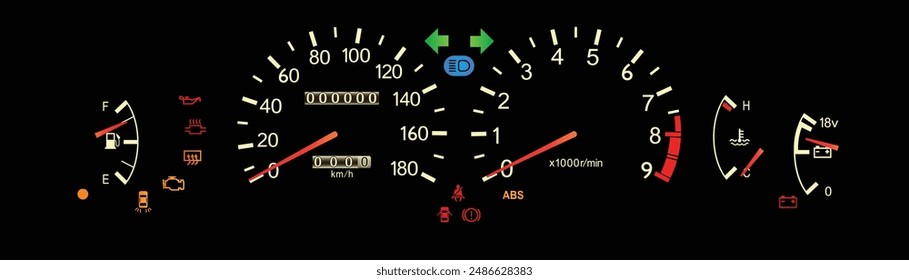 Realistic 90s Japanese specs performance sedan with manual transmission and analog meter included illumination and volt meter illustration vector.