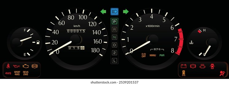 Realistic 90s Japanese sport sedan dashboard with 8k tachometer and km unit speedometer in fuel injection engine auto gearbox specs included 4 wheel steering illustration vector.