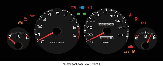 Realistic 90s Japanese sport sedan instrument cluster with performance fuel injected gasoline engine and manual gearbox gearbox included traction control indicator light illustration vector.