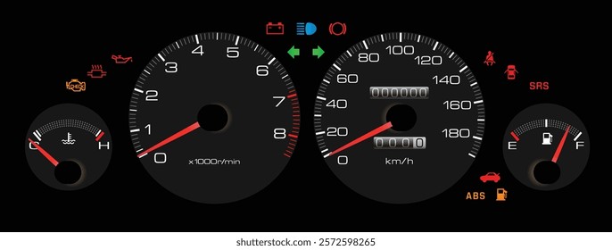 Realistic 90s Japanese sport sedan instrument cluster with fuel injected gasoline engine and manual gearbox gearbox included antilock braking and airbag light illustration vector.