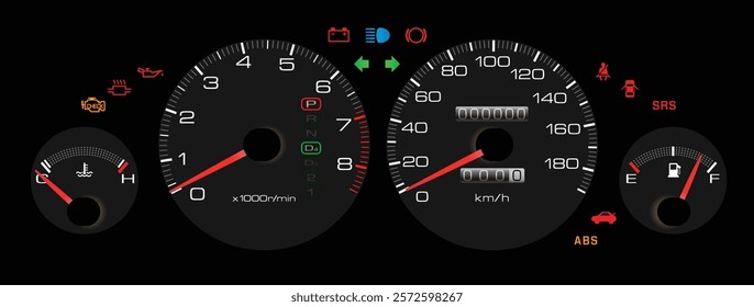 Realistic 90s Japanese sport sedan instrument cluster with fuel injected gasoline engine and electronically control auto gearbox gearbox without low fuel level warning light illustration vector.