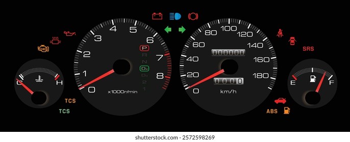 Realistic 90s Japanese sport sedan instrument cluster with fuel injected gasoline engine and electronically control auto gearbox gearbox included traction control indicator light illustration vector.