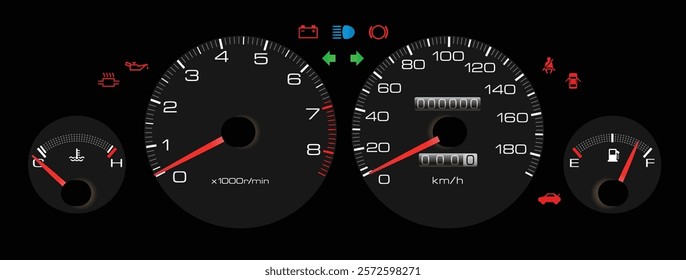 Realistic 90s Japanese sport sedan instrument cluster with carburetor gasoline engine and manual gearbox without low fuel level light illustration vector.