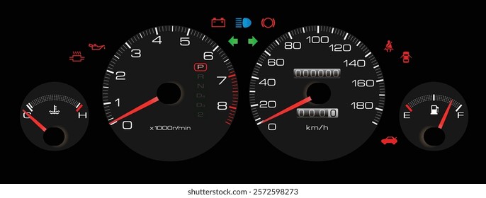 Realistic 90s Japanese sport sedan instrument cluster with carburetor gasoline engine and auto gearbox without low fuel level light illustration vector.