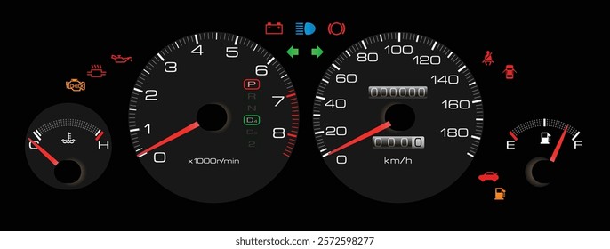 Realistic 90s Japanese sport sedan instrument cluster with fuel injected gasoline engine and electronically control auto gearbox without antilock and airbag warning light illustration vector. 