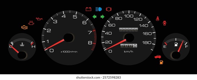 Realistic 90s Japanese sport sedan instrument cluster with fuel injected gasoline engine and manual gearbox without antilock and airbag warning light illustration vector. 