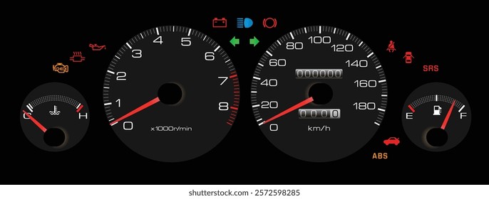 Realistic 90s Japanese sport sedan instrument cluster with fuel injected gasoline engine and manual gearbox without low fuel level warning light illustration vector. 