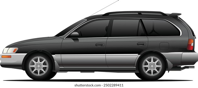 Realista 90s coche de carro deportivo japonés en color negro y plateado de dos tonos Especificación japonesa sobre fondo transparente Vector de ilustración.