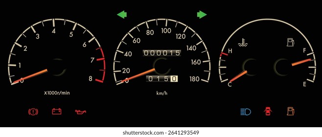 Realistic 90s Malaysian car night speedometer with standard equipment and warning light illustration vector.