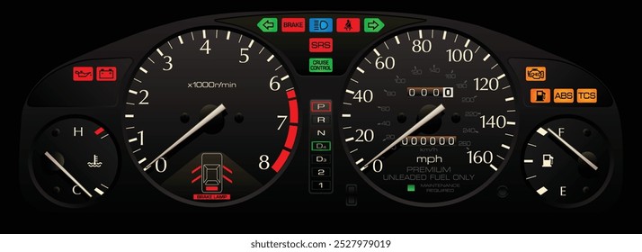 Realista 90s noite de função completa japonês automático painel de instrumentos de carro de transmissão com medidas de iluminação nos EUA especificações milhas por hora e quilômetro por hora escala unidade ilustração vetor.