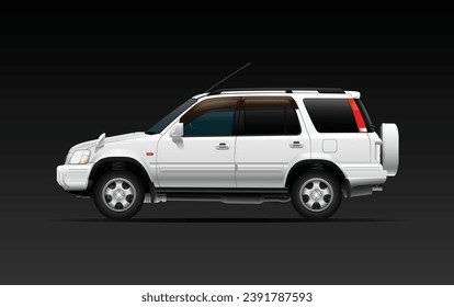 Realistic 90's white pearl 4WD Japanese specification compact SUV in the dark gradient background illustration vector.