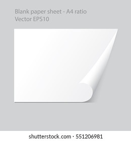 Realistic A4 blank paper sheet with one side curled vector graphic design