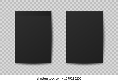Realistic A4 mock up black paper letter with shadow. C4 blank envelope isolated on transparent background. Envelopes for vertical document. Vertical postage. Template for your design.