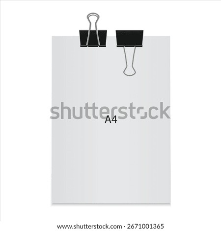 Realistic A4 Paper with Binder Clip and Bulldog Clip – White Sheet Document Holder Mockup for Office, Notes, and Stationery Design. Vector.