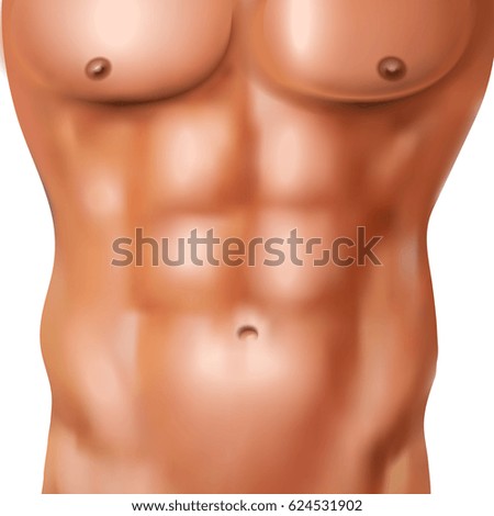 Realistic abs pack of naked man with athletic shaped body on white background vector illustration
